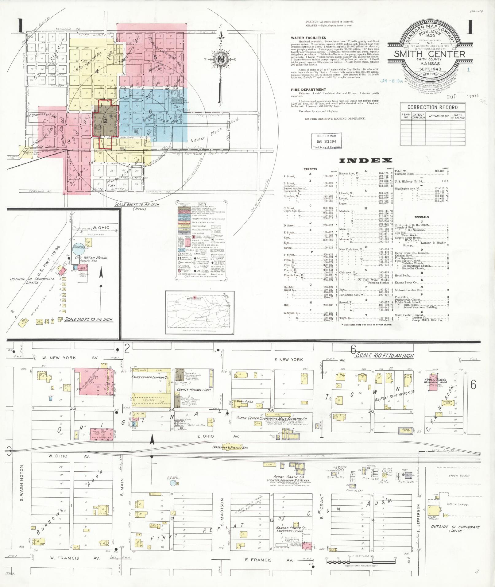 Sanborn Fire Insurance Map from Smith Center, Smith County, Kansas (1943), Sheet #0001 - Historic Sanborn Fire Insurance Map Print, vintage old map wall art, antique decor, genealogy gift, Kansas Kansas map