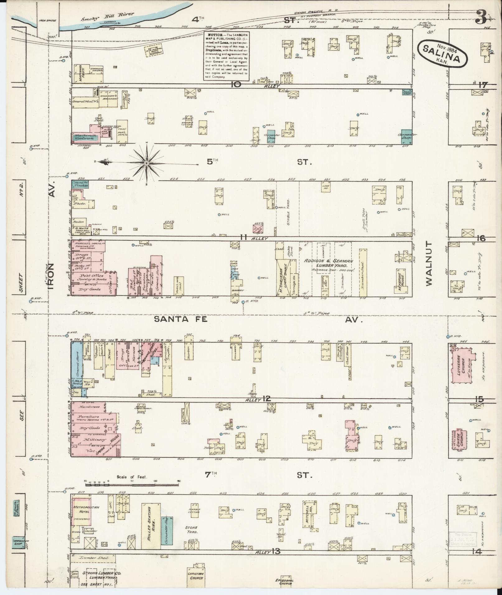 Sanborn Fire Insurance Map from Salina, Saline County, Kansas (1884), Sheet #0003 - Historic Sanborn Fire Insurance Map Print, vintage old map wall art, antique decor, genealogy gift, Kansas Kansas map