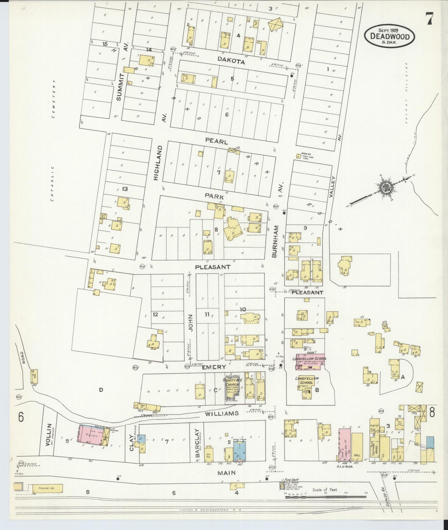 Sanborn Fire Insurance Map from Deadwood, Lawrence County, South Dakota (1909), Sheet #0007 - Historic Sanborn Fire Insurance Map Print, vintage old map wall art, antique decor, genealogy gift, South Dakota South Dakota map