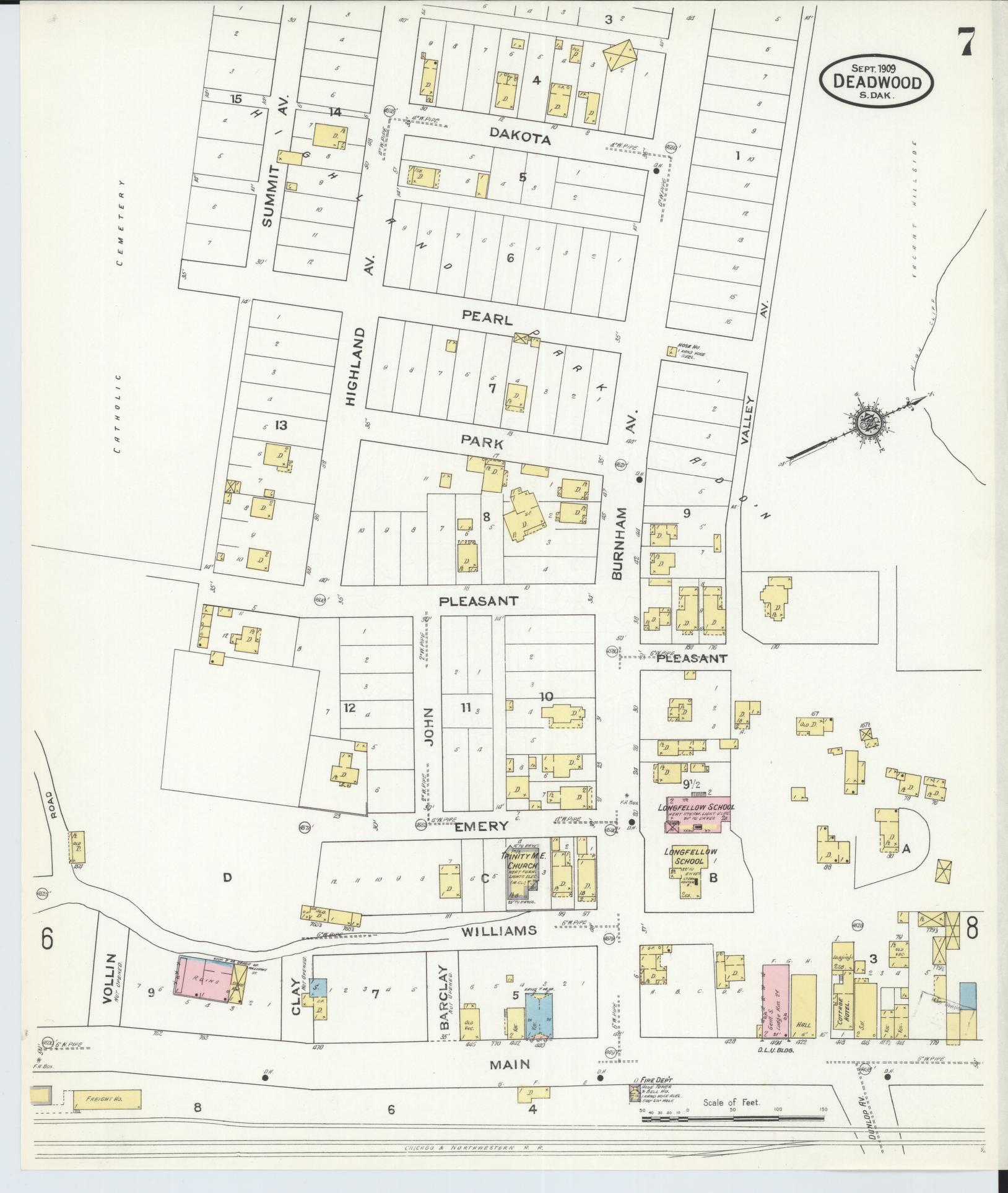 Sanborn Fire Insurance Map from Deadwood, Lawrence County, South Dakota (1909), Sheet #0007 - Historic Sanborn Fire Insurance Map Print, vintage old map wall art, antique decor, genealogy gift, South Dakota South Dakota map