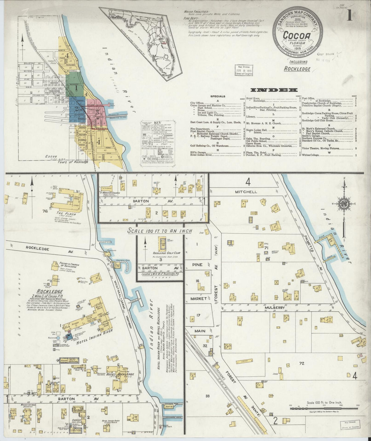 Sanborn Fire Insurance Map from Cocoa, Brevard County, Florida (1919), Sheet #0001 - Historic Sanborn Fire Insurance Map Print, vintage old map wall art, antique decor, genealogy gift, Florida Florida map