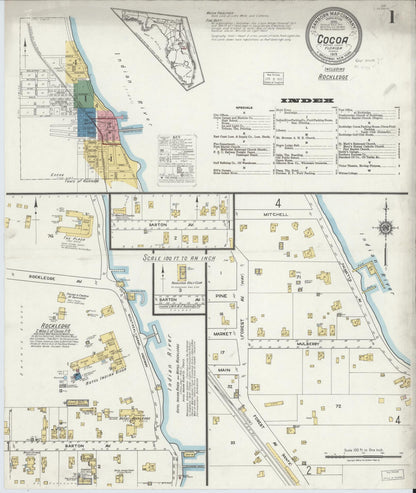 Sanborn Fire Insurance Map from Cocoa, Brevard County, Florida (1919), Sheet #0001 - Historic Sanborn Fire Insurance Map Print, vintage old map wall art, antique decor, genealogy gift, Florida Florida map