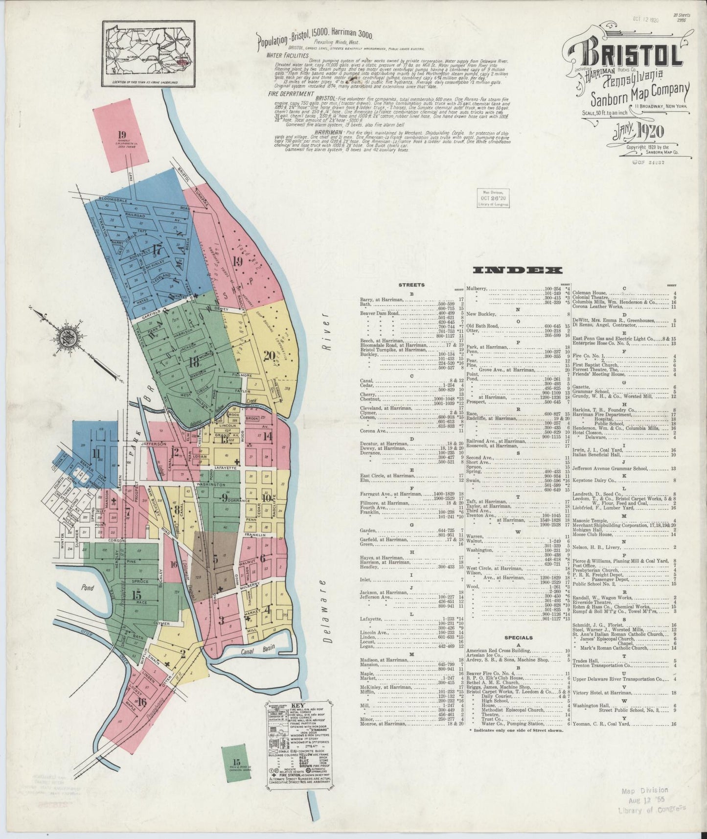 Sanborn Fire Insurance Map from Bristol, Bucks County, Pennsylvania (1927), Sheet #0001 - Historic Sanborn Fire Insurance Map Print, vintage old map wall art, antique decor, genealogy gift, Pennsylvania Pennsylvania map