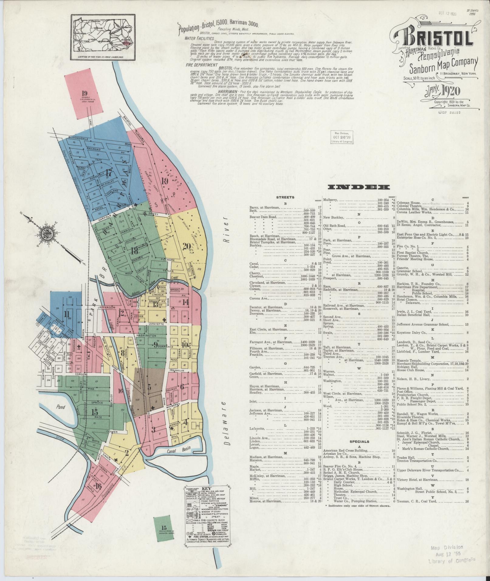 Sanborn Fire Insurance Map from Bristol, Bucks County, Pennsylvania (1927), Sheet #0001 - Historic Sanborn Fire Insurance Map Print, vintage old map wall art, antique decor, genealogy gift, Pennsylvania Pennsylvania map