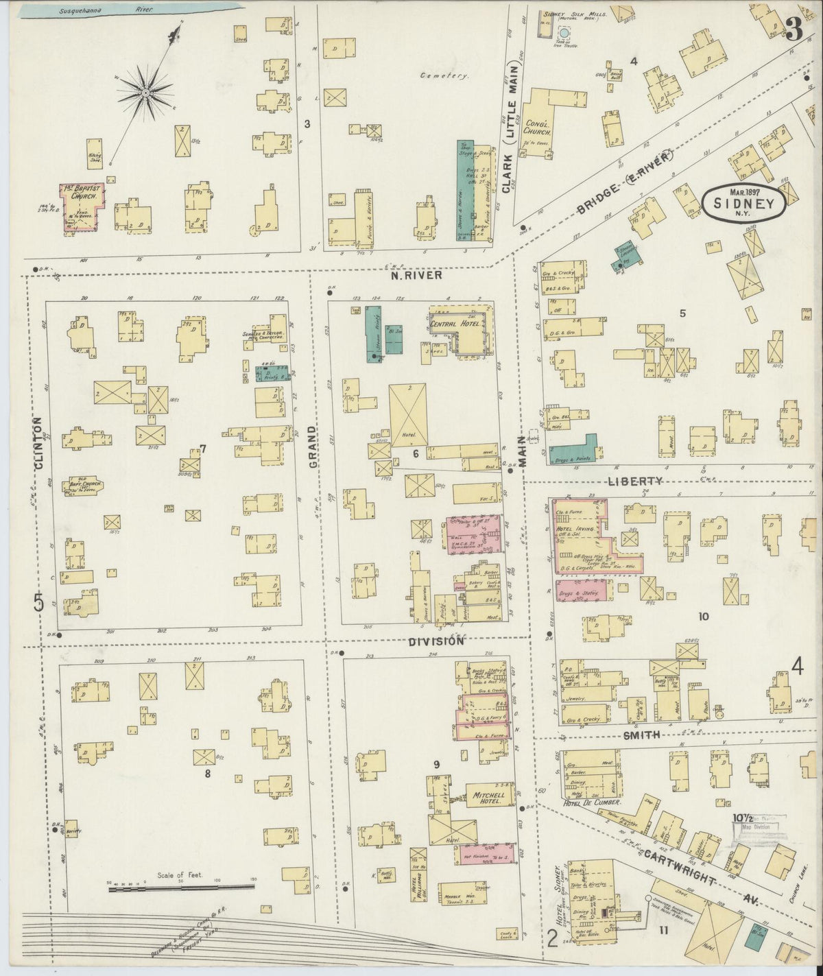 Sanborn Fire Insurance Map from Sidney, Delaware County, New York (1897), Sheet #0003 - Historic Sanborn Fire Insurance Map Print, vintage old map wall art, antique decor, genealogy gift, Sidney Delaware map