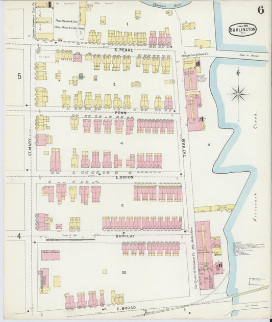 Sanborn Fire Insurance Map from Burlington, Burlington County, New Jersey (1896), Sheet #0006 - Historic Sanborn Fire Insurance Map Print, vintage old map wall art, antique decor, genealogy gift, New Jersey New Jersey map