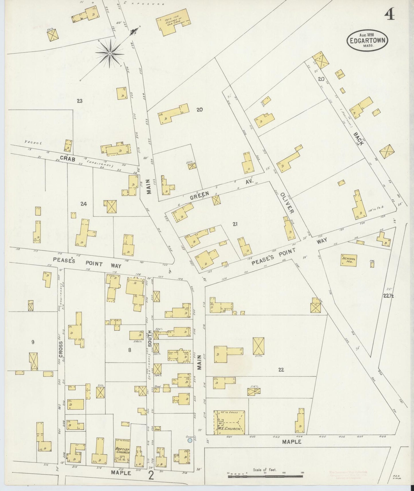Sanborn Fire Insurance Map from Edgartown, Dukes County, Massachusetts (1898), Sheet #0004 - Historic Sanborn Fire Insurance Map Print, vintage old map wall art, antique decor, genealogy gift, Massachusetts Massachusetts map