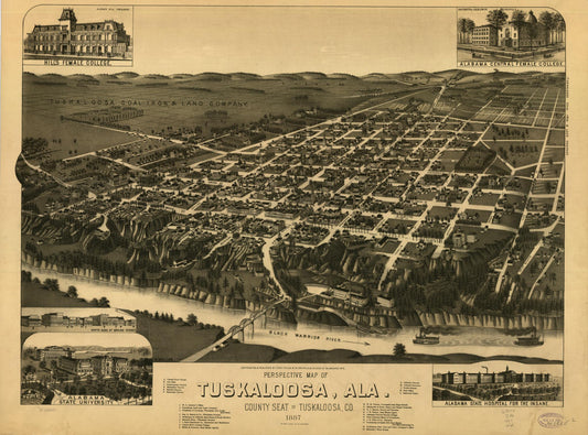 Perspective map of Tuskaloosa, Ala. county seat of Tuskaloosa, Co. 1887. (1887) – Historic Bird’s-Eye View Panorama Print