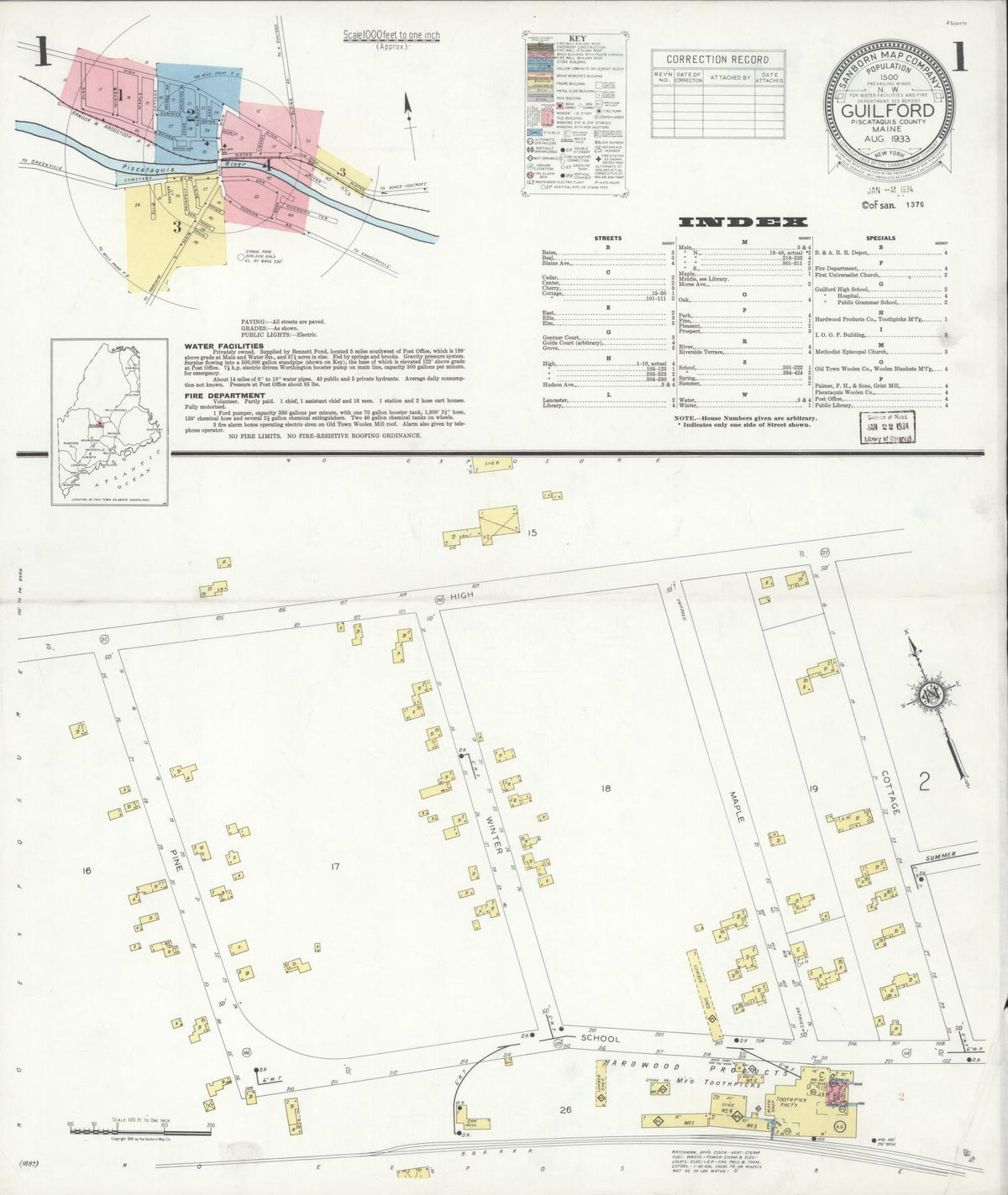 Sanborn Fire Insurance Map from Guilford, Piscataquis County, Maine (1933), Sheet #0001 - Complete Map Set gallery image, historic Sanborn map, vintage wall art, Maine Maine