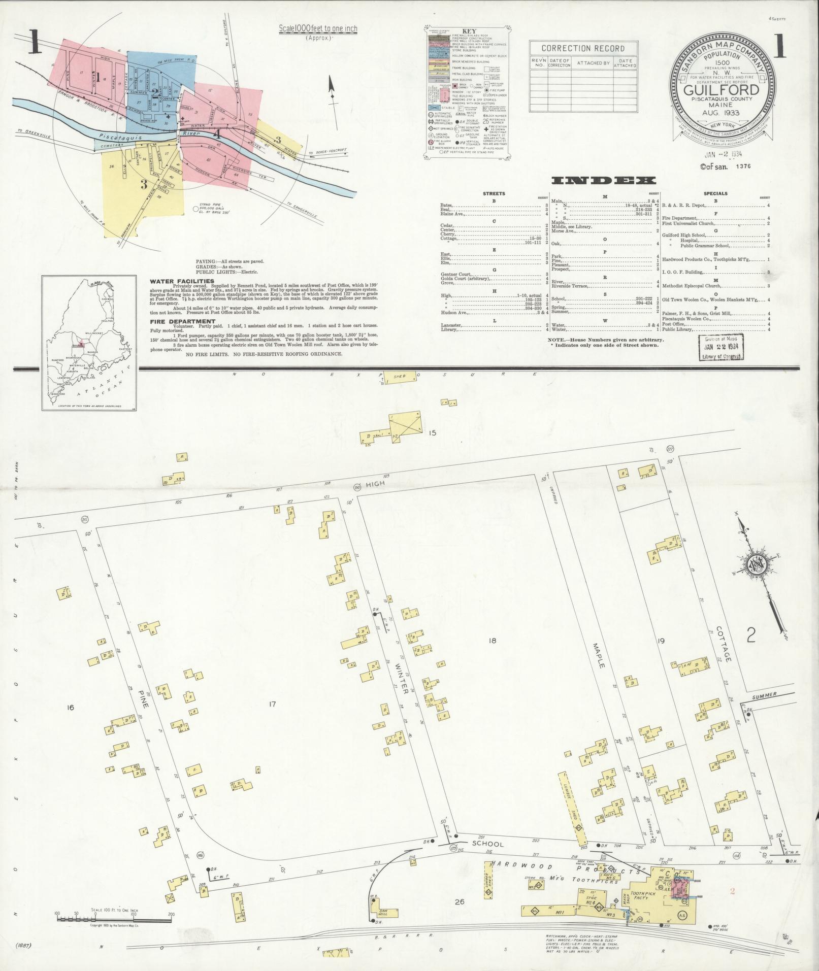 Sanborn Fire Insurance Map from Guilford, Piscataquis County, Maine (1933), Sheet #0001 - Complete Map Set gallery image, historic Sanborn map, vintage wall art, Maine Maine