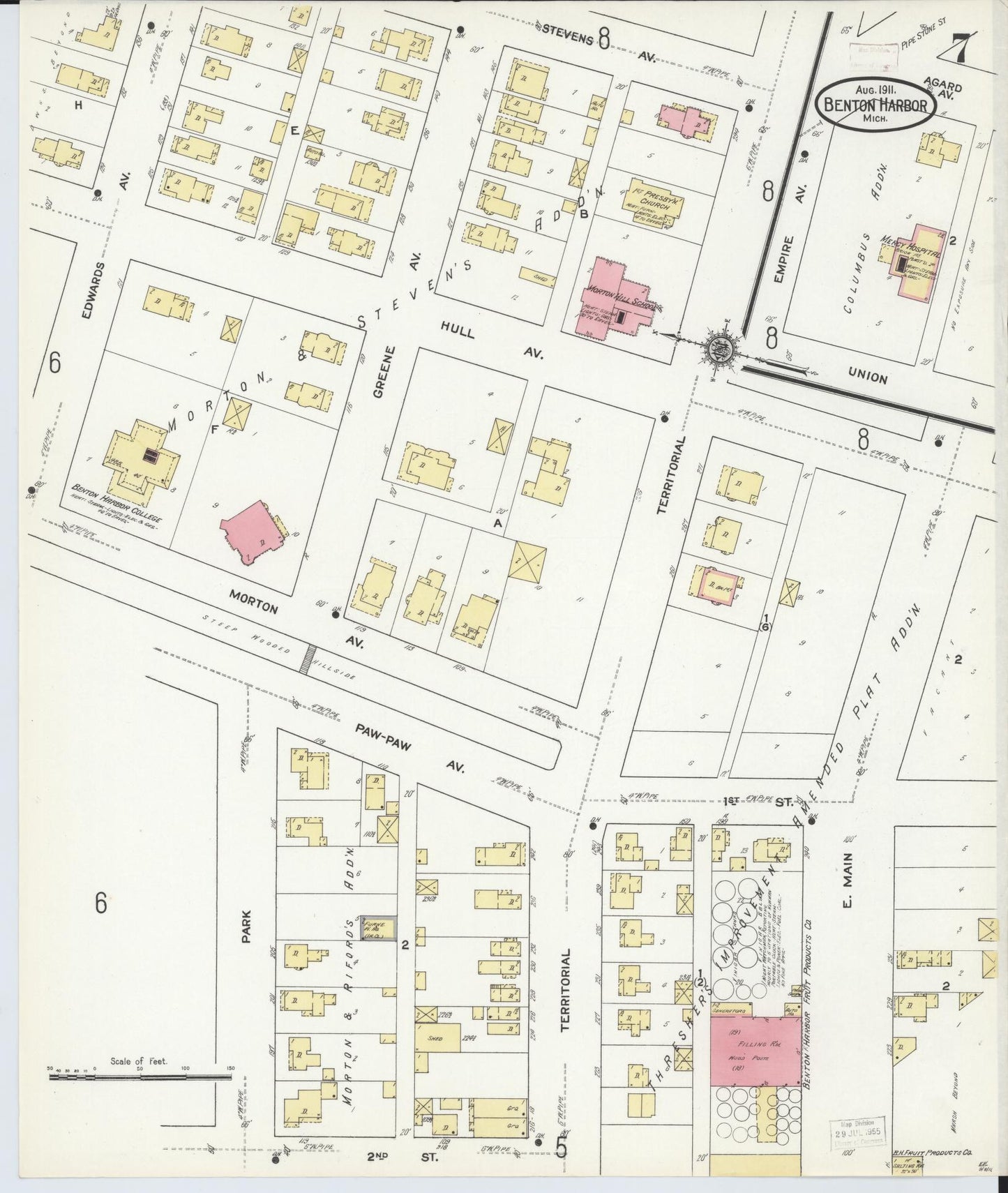 Sanborn Fire Insurance Map from Benton Harbor, Berrien County, Michigan (1911), Sheet #0007 - Historic Sanborn Fire Insurance Map Print, vintage old map wall art, antique decor, genealogy gift, Michigan Michigan map