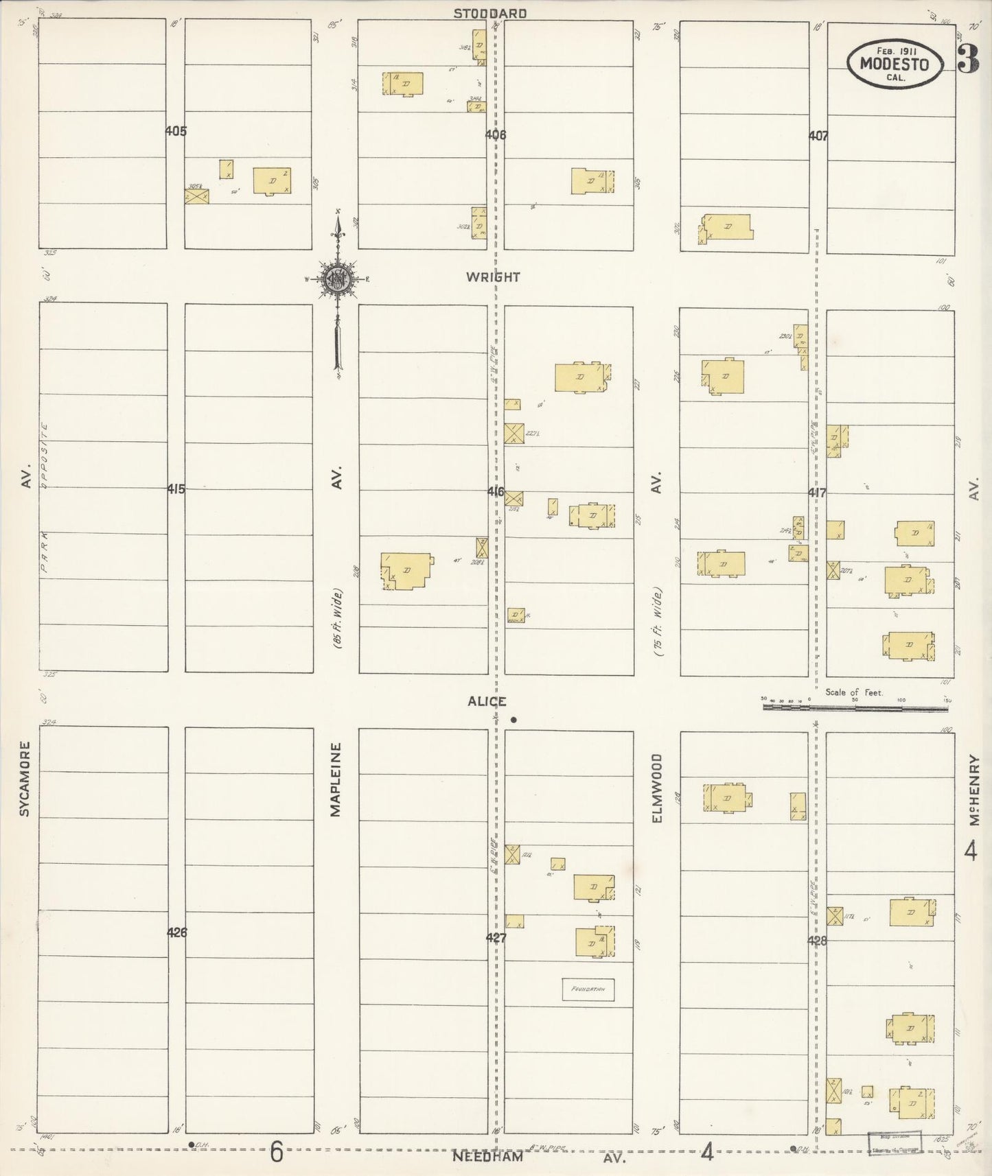 Sanborn Fire Insurance Map from Modesto, Stanislaus County, California (1911), Sheet #0003 - Historic Sanborn Fire Insurance Map Print, vintage old map wall art, antique decor, genealogy gift, California California map