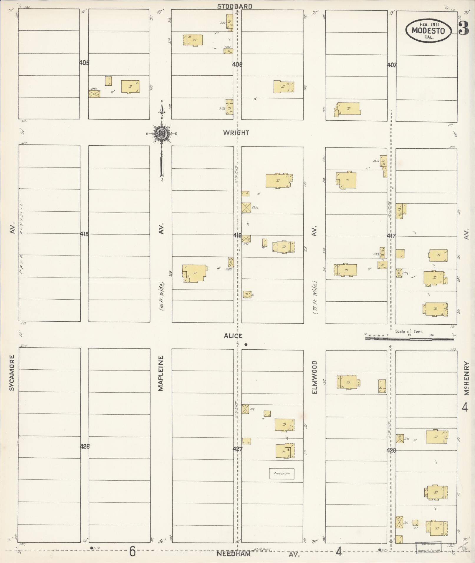Sanborn Fire Insurance Map from Modesto, Stanislaus County, California (1911), Sheet #0003 - Historic Sanborn Fire Insurance Map Print, vintage old map wall art, antique decor, genealogy gift, California California map