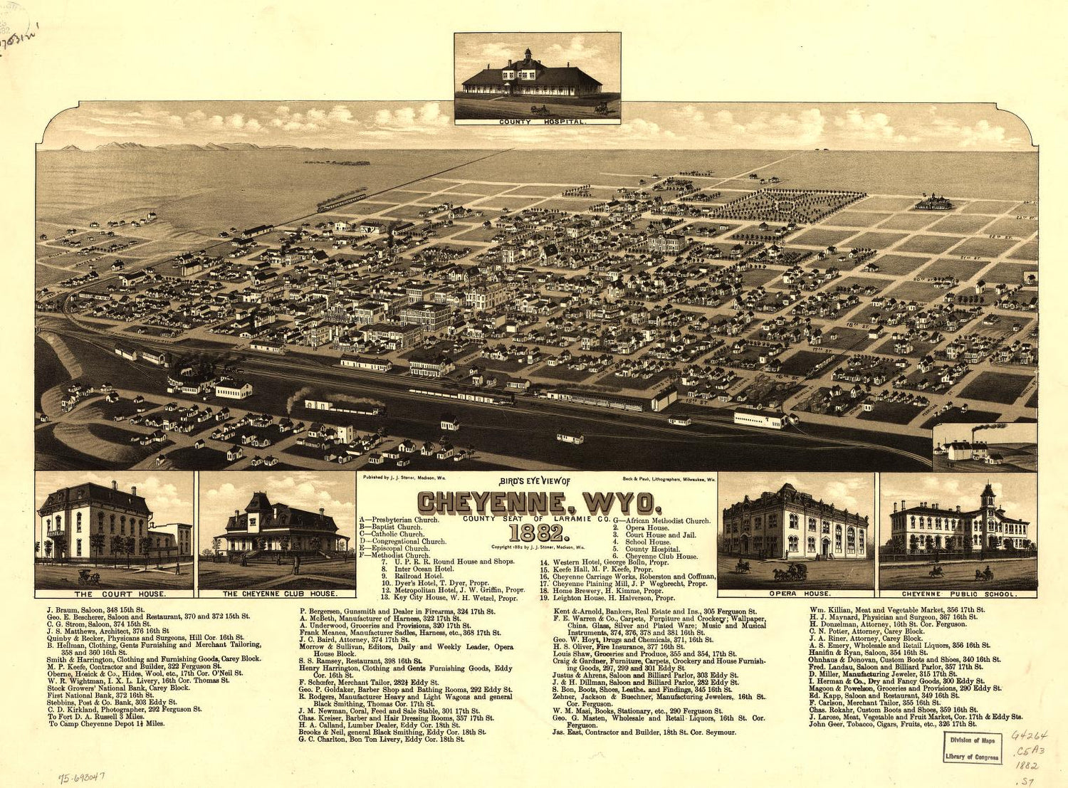 Bird's eye view of Cheyenne, Wyo. county seat of Laramie Co. 1882. (1882) – Historic Bird’s-Eye View Panorama Print
