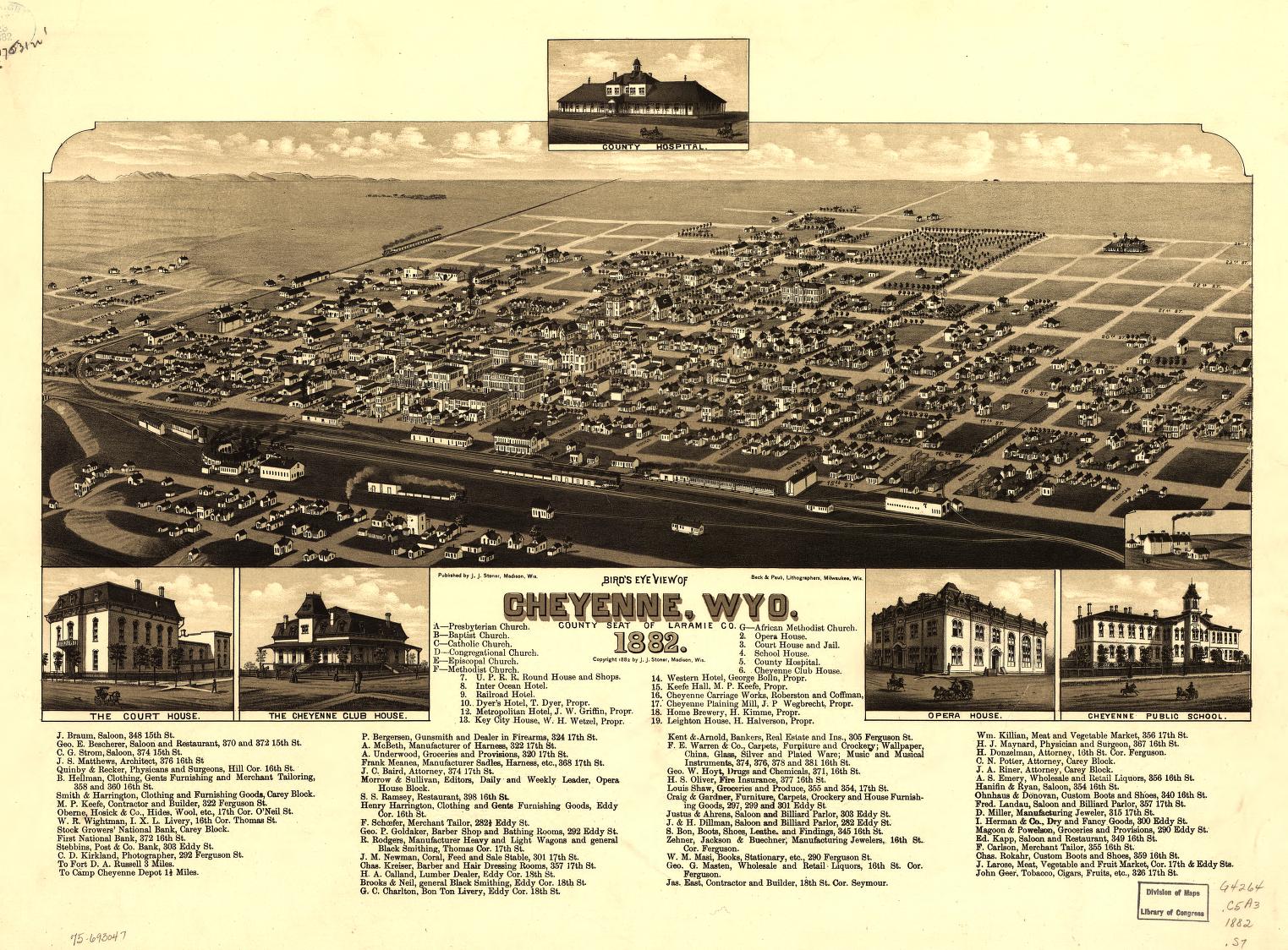 Bird's eye view of Cheyenne, Wyo. county seat of Laramie Co. 1882. (1882) – Historic Bird’s-Eye View Panorama Print