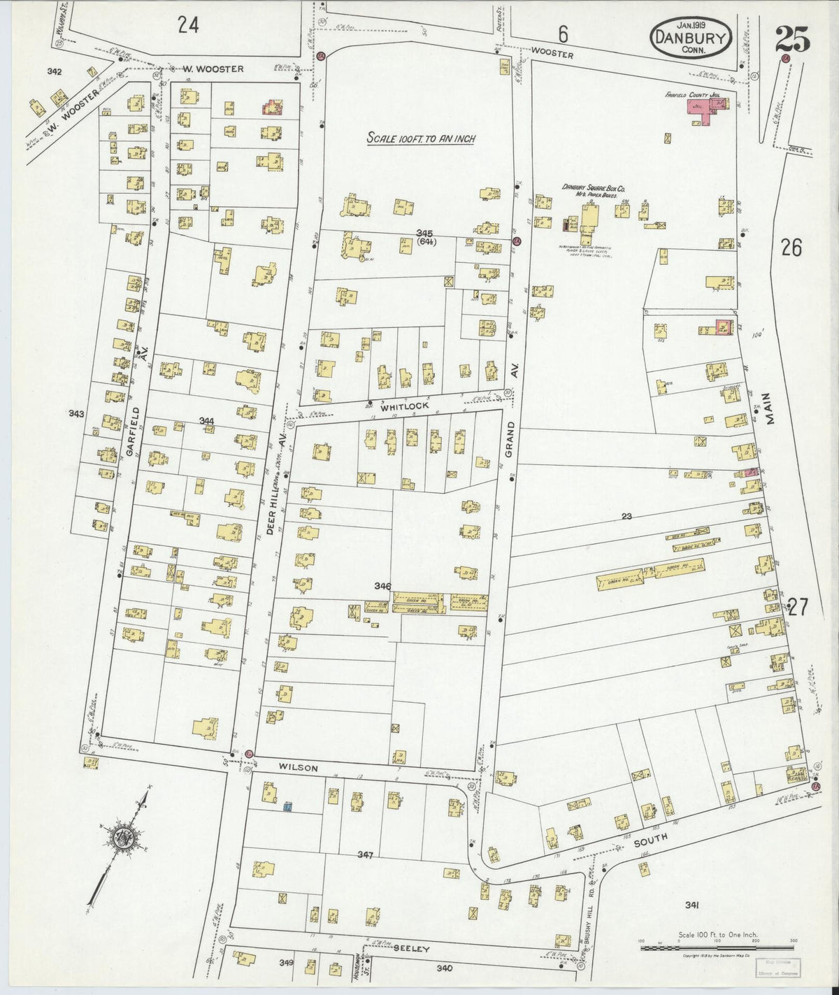 Sanborn Fire Insurance Map from Danbury, Fairfield County, Connecticut (1919), Sheet #0025 - Historic Sanborn Fire Insurance Map Print, vintage old map wall art, antique decor, genealogy gift, Connecticut Connecticut map