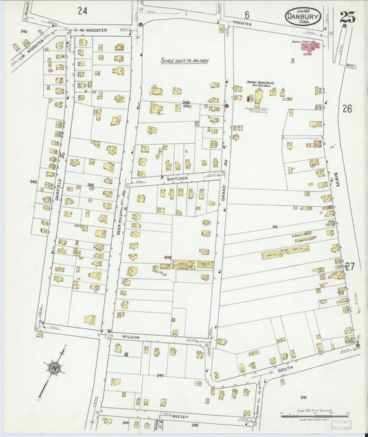 Sanborn Fire Insurance Map from Danbury, Fairfield County, Connecticut (1919), Sheet #0025 - Historic Sanborn Fire Insurance Map Print, vintage old map wall art, antique decor, genealogy gift, Connecticut Connecticut map