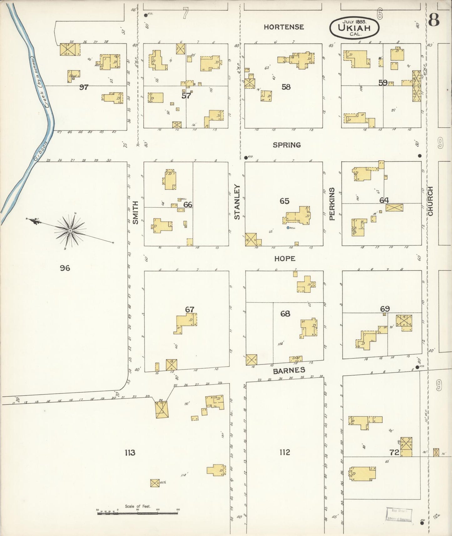 Sanborn Fire Insurance Map from Ukiah, Mendocino County, California (1893), Sheet #0008 - Complete Map Set gallery image, historic Sanborn map, vintage wall art, California California