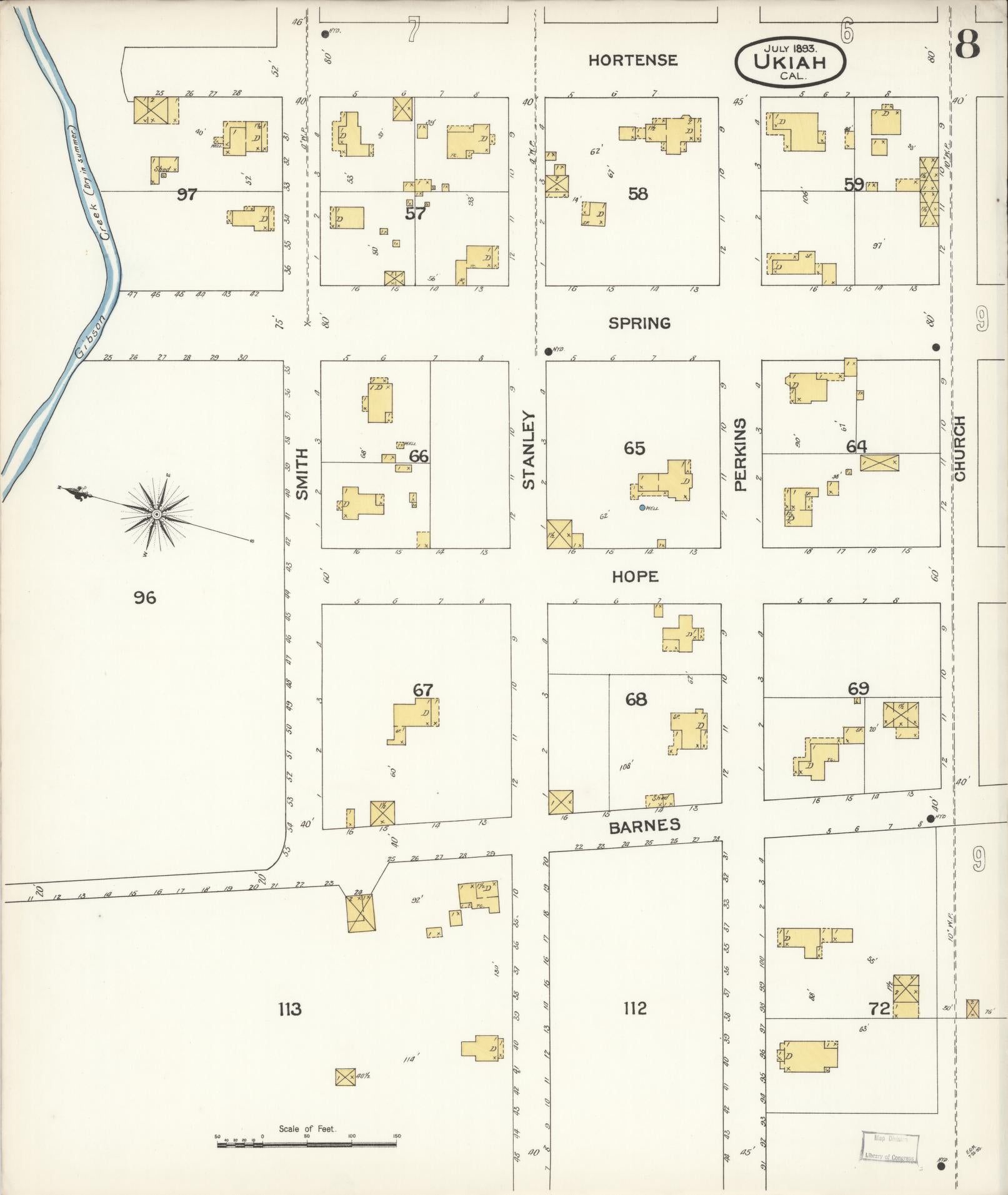 Sanborn Fire Insurance Map from Ukiah, Mendocino County, California (1893), Sheet #0008 - Complete Map Set gallery image, historic Sanborn map, vintage wall art, California California