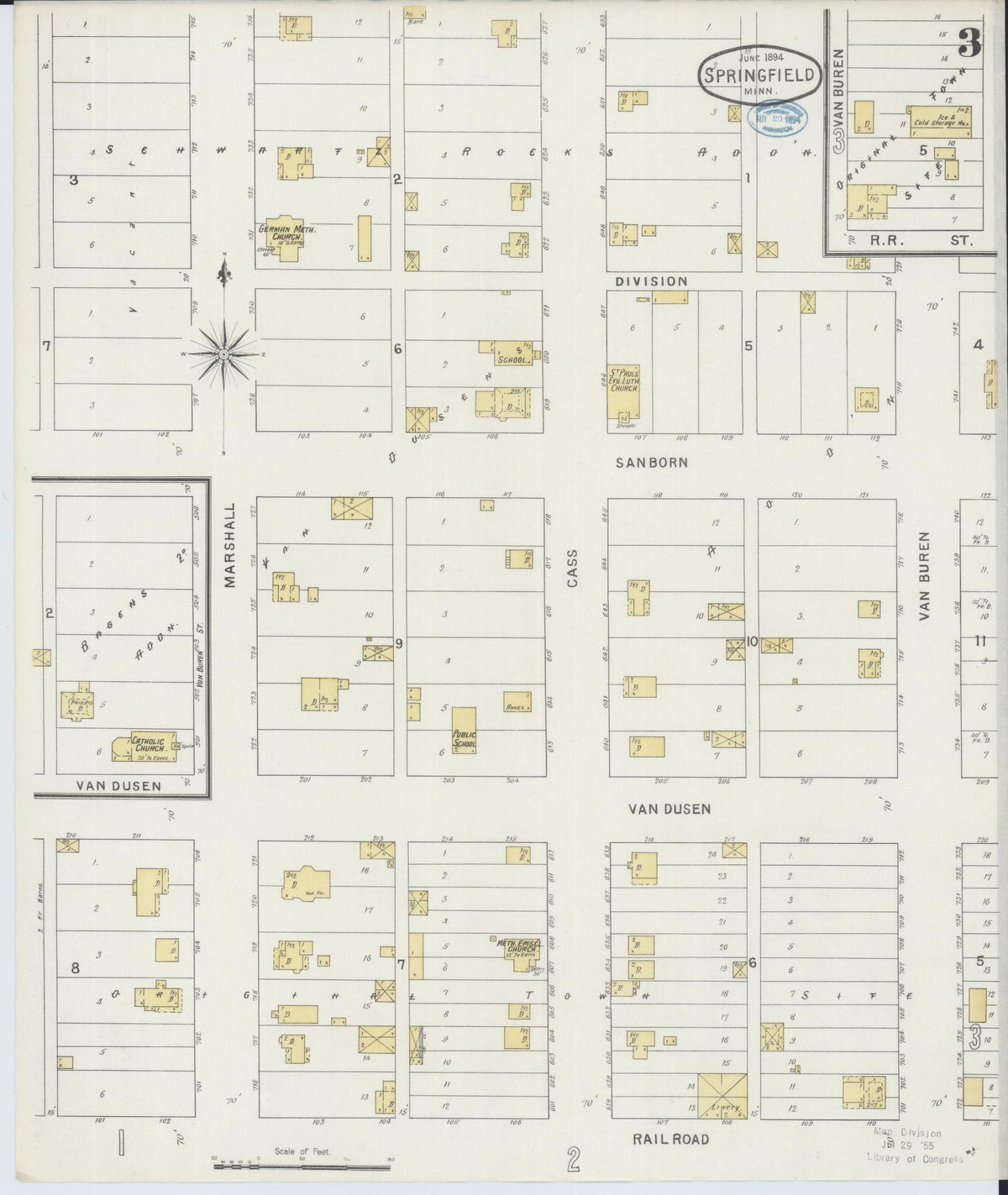 Sanborn Fire Insurance Map from Springfield, Brown County, Minnesota (1894), Sheet #0003 - Historic Sanborn Fire Insurance Map Print, vintage old map wall art, antique decor, genealogy gift, Minnesota Minnesota map