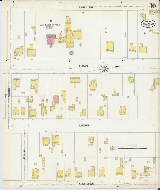 Sanborn Fire Insurance Map from Jackson, Hinds County, Mississippi (1900), Sheet #0016 - Historic Sanborn Fire Insurance Map Print, vintage old map wall art, antique decor, genealogy gift, Mississippi Mississippi map