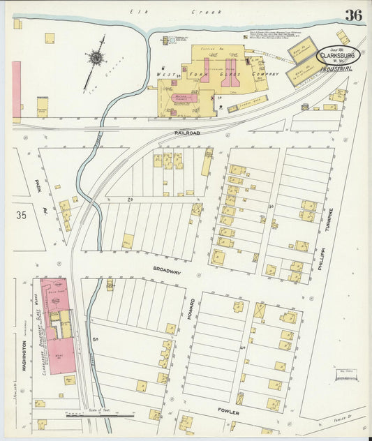 Sanborn Fire Insurance Map from Clarksburg, Harrison County, West Virginia (1911), Sheet #0036 - Historic Sanborn Fire Insurance Map Print, vintage old map wall art, antique decor, genealogy gift, West Virginia West Virginia map