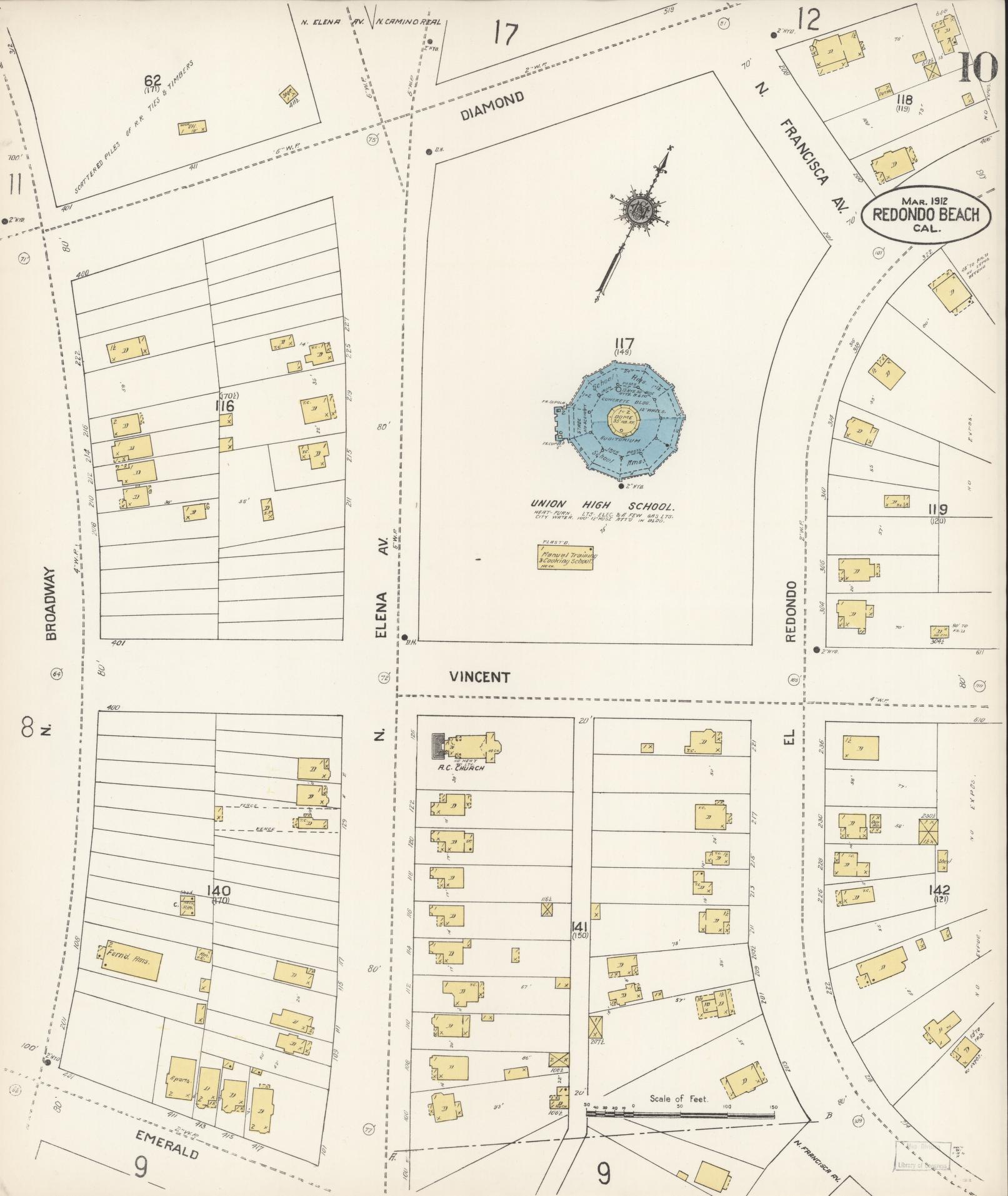 Sanborn Fire Insurance Map from Redondo Beach, Los Angeles County, California (1912), Sheet #0010 - Complete Map Set gallery image, historic Sanborn map, vintage wall art, California California