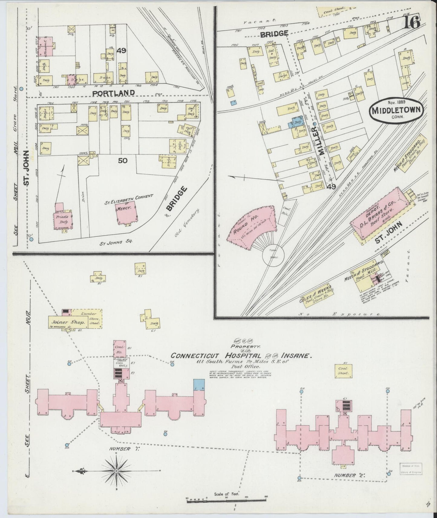 Sanborn Fire Insurance Map from Middletown, Middlesex County, Connecticut (1889), Sheet #0016 - Historic Sanborn Fire Insurance Map Print, vintage old map wall art, antique decor, genealogy gift, Connecticut Connecticut map
