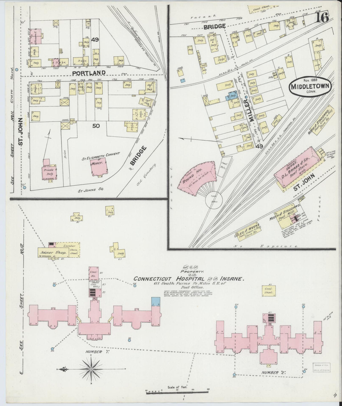 Sanborn Fire Insurance Map from Middletown, Middlesex County, Connecticut (1889), Sheet #0016 - Historic Sanborn Fire Insurance Map Print, vintage old map wall art, antique decor, genealogy gift, Connecticut Connecticut map