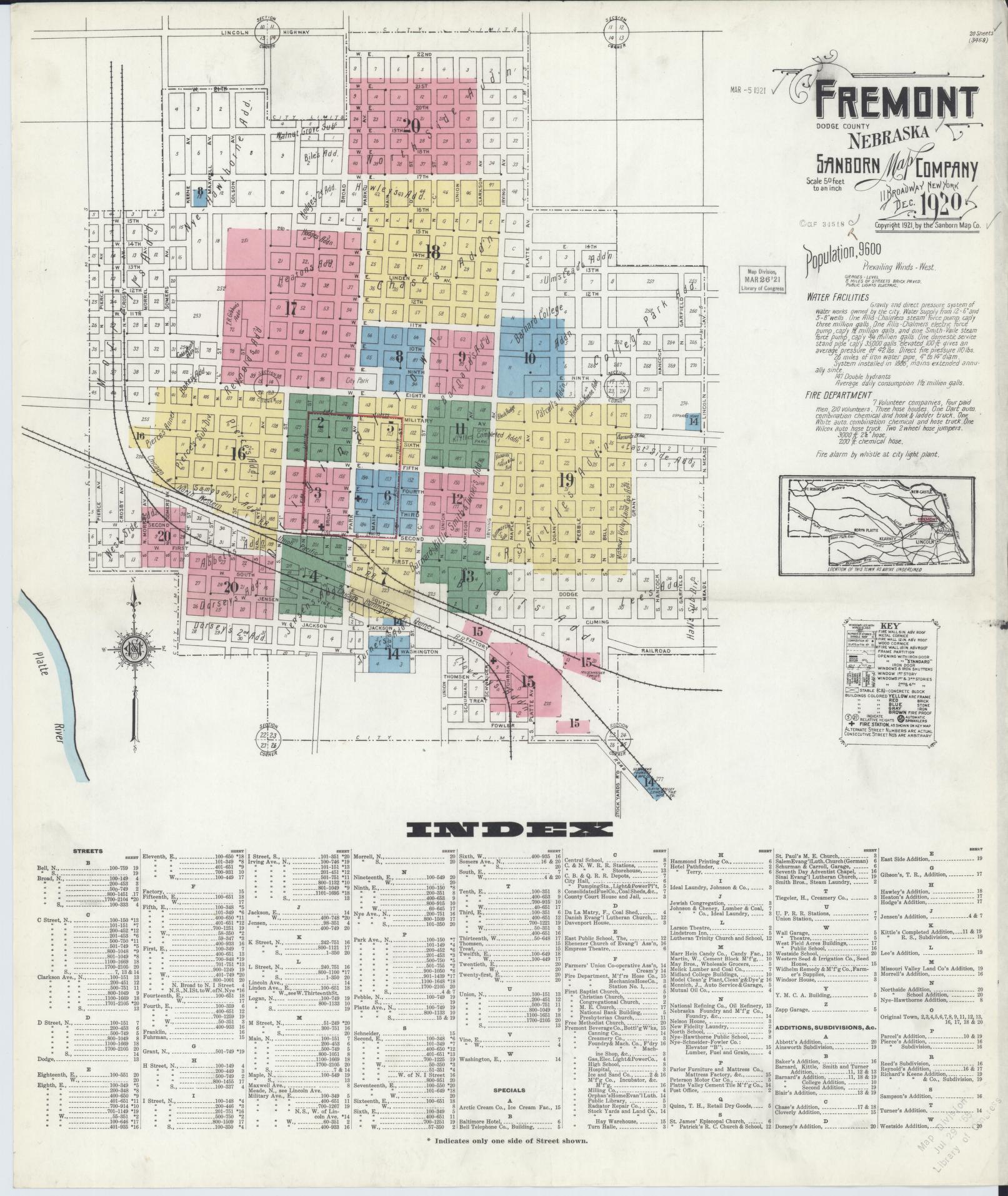 Sanborn Fire Insurance Map from Fremont, Dodge County, Nebraska (1920), Sheet #0001 - Complete Map Set gallery image, historic Sanborn map, vintage wall art, Nebraska Nebraska
