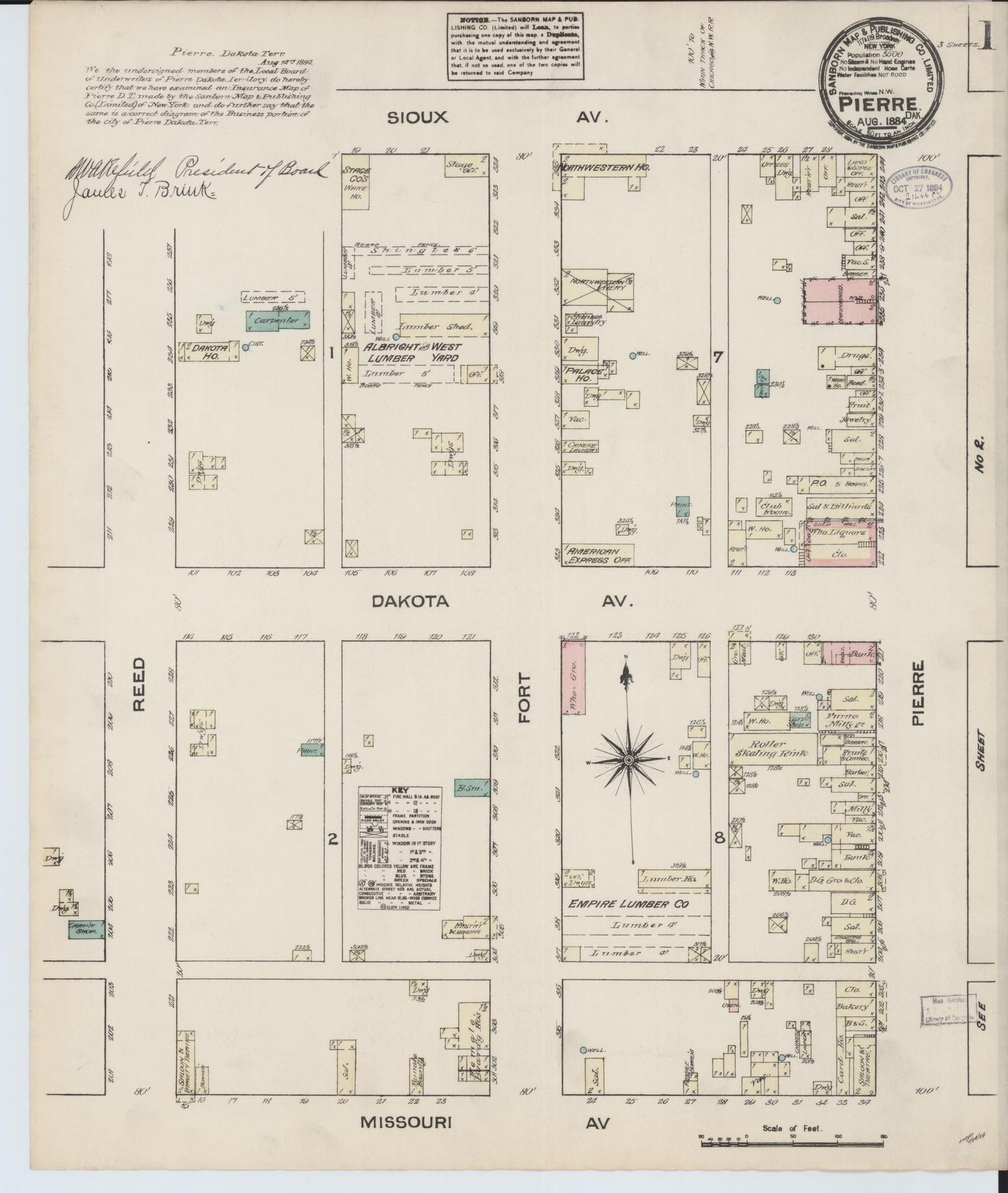 Sanborn Fire Insurance Map from Pierre, Hughes County, South Dakota (1884), Sheet #0001 - Historic Sanborn Fire Insurance Map Print, vintage old map wall art, antique decor, genealogy gift, South Dakota South Dakota map