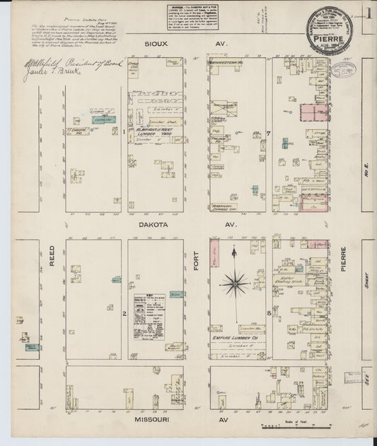 Sanborn Fire Insurance Map from Pierre, Hughes County, South Dakota (1884), Sheet #0001 - Historic Sanborn Fire Insurance Map Print, vintage old map wall art, antique decor, genealogy gift, South Dakota South Dakota map