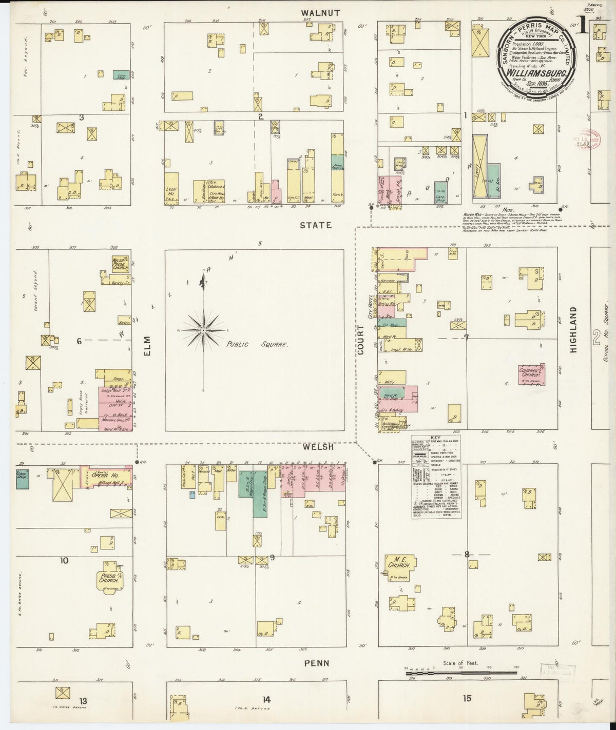 Sanborn Fire Insurance Map from Williamsburg, Iowa County, Iowa (1895), Sheet #0001 - Historic Sanborn Fire Insurance Map Print, vintage old map wall art