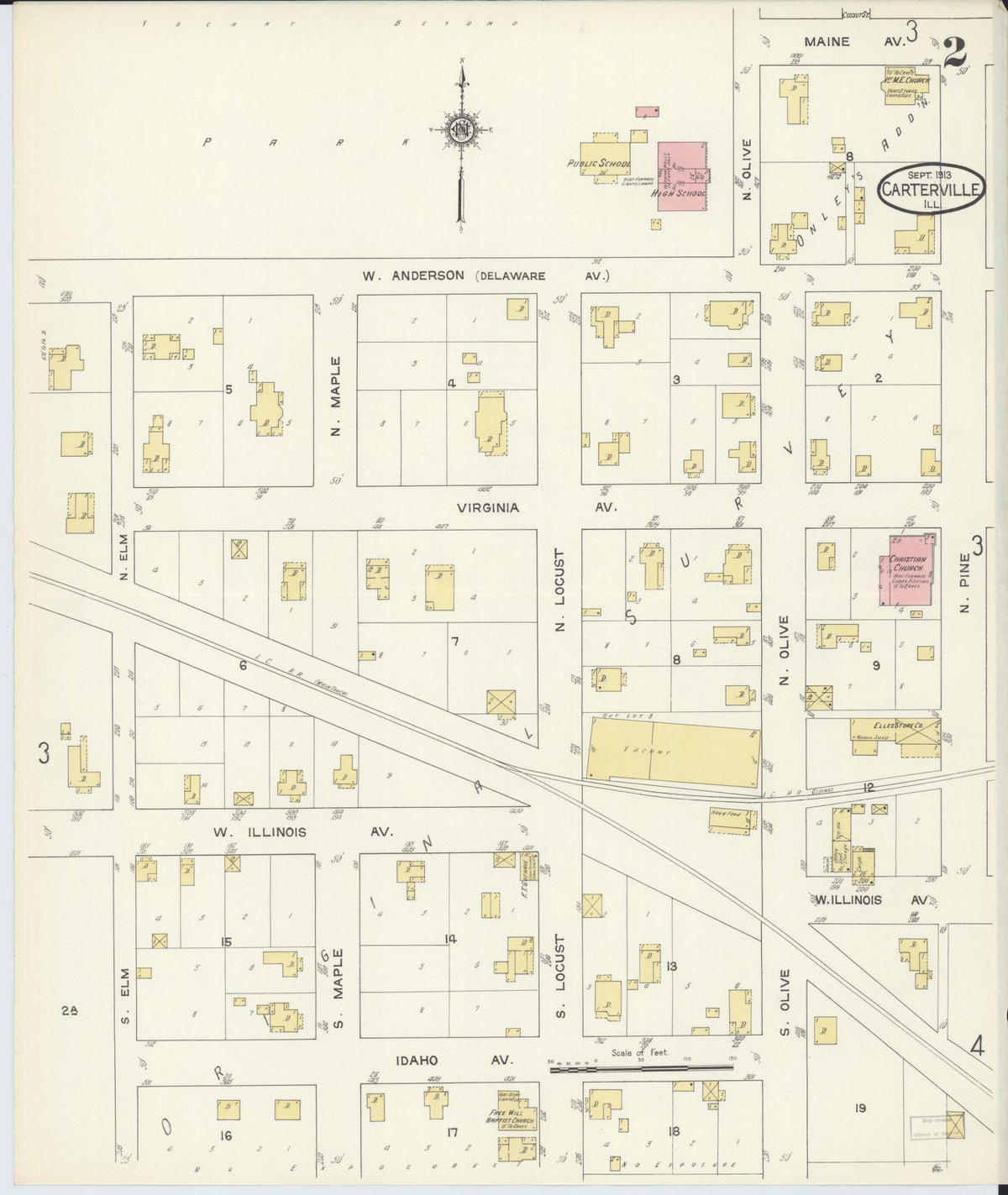Sanborn Fire Insurance Map from Carterville, Williamson County, Illinois (1913), Sheet #0002 - Complete Map Set gallery image, historic Sanborn map, vintage wall art, Illinois Illinois