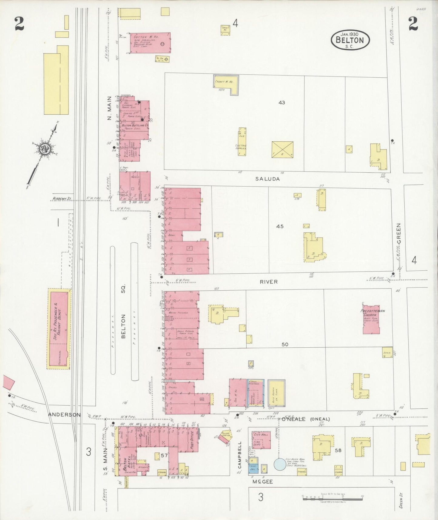 Sanborn Fire Insurance Map from Belton, Anderson County, South Carolina (1930), Sheet #0002 - Complete Map Set gallery image, historic Sanborn map, vintage wall art, South Carolina South Carolina