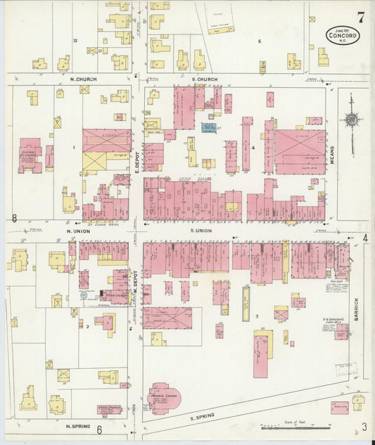 Sanborn Fire Insurance Map from Concord, Cabarrus County, North Carolina (1911), Sheet #0007 - Historic Sanborn Fire Insurance Map Print, vintage old map wall art, antique decor, genealogy gift, North Carolina North Carolina map