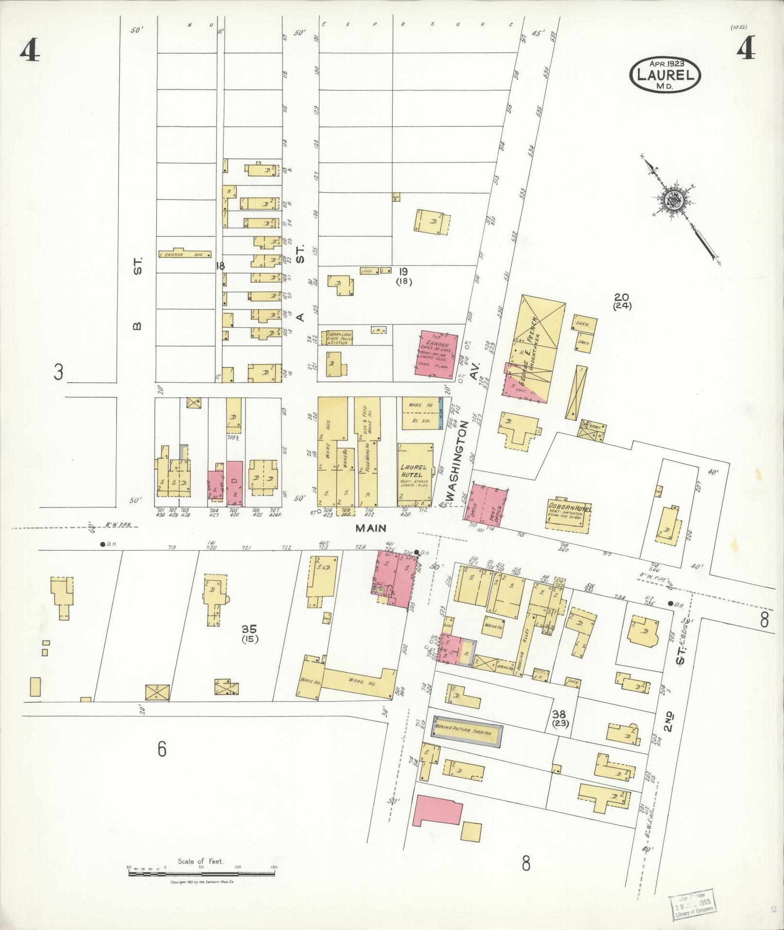 Sanborn Fire Insurance Map from Laurel, Prince Georges County, Maryland (1923), Sheet #0004 - Historic Sanborn Fire Insurance Map Print, vintage old map wall art
