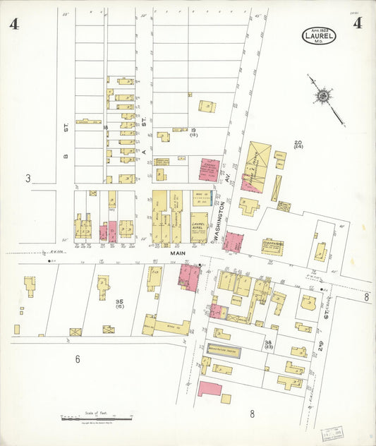 Sanborn Fire Insurance Map from Laurel, Prince Georges County, Maryland (1923), Sheet #0004 - Historic Sanborn Fire Insurance Map Print, vintage old map wall art