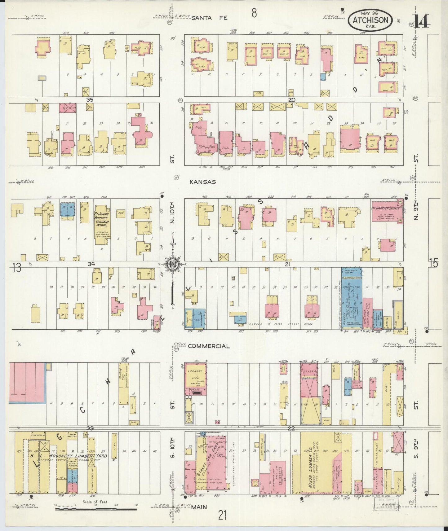 Sanborn Fire Insurance Map from Atchison, Atchison County, Kansas (1916), Sheet #0014 - Complete Map Set gallery image, historic Sanborn map, vintage wall art, Kansas Kansas