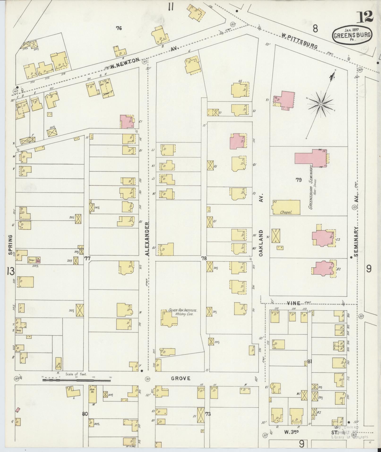 Sanborn Fire Insurance Map from Greensburg, Westmoreland County, Pennsylvania (1897), Sheet #0012 - Historic Sanborn Fire Insurance Map Print, vintage old map wall art, antique decor, genealogy gift, Pennsylvania Pennsylvania map