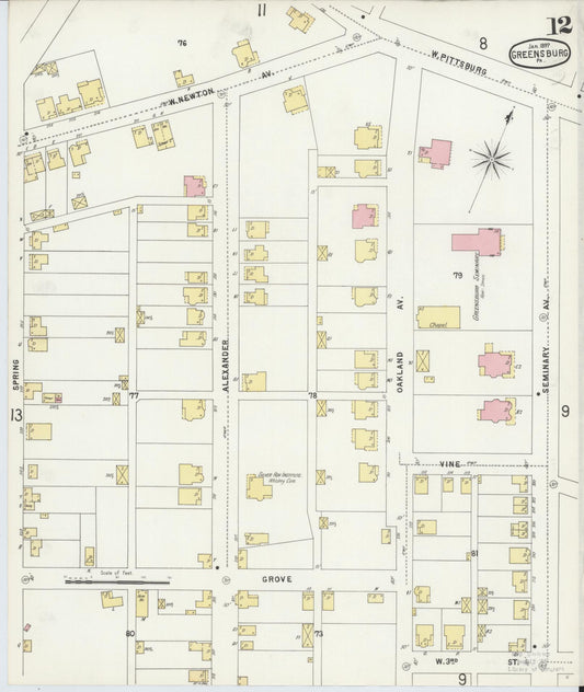 Sanborn Fire Insurance Map from Greensburg, Westmoreland County, Pennsylvania (1897), Sheet #0012 - Historic Sanborn Fire Insurance Map Print, vintage old map wall art, antique decor, genealogy gift, Pennsylvania Pennsylvania map