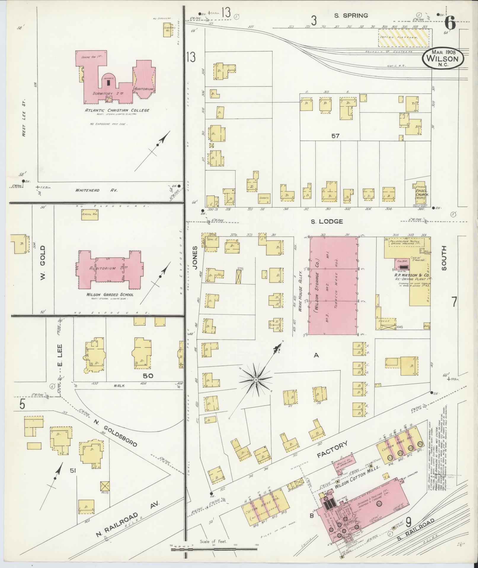Sanborn Fire Insurance Map from Wilson, Wilson County, North Carolina (1908), Sheet #0006 - Historic Sanborn Fire Insurance Map Print, vintage old map wall art, antique decor, genealogy gift, North Carolina North Carolina map