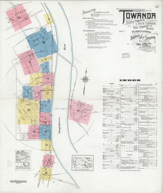 Sanborn Fire Insurance Map from Towanda, Bradford County, Pennsylvania (1927), Sheet #0001 - Historic Sanborn Fire Insurance Map Print, vintage old map wall art, antique decor, genealogy gift, Pennsylvania Pennsylvania map
