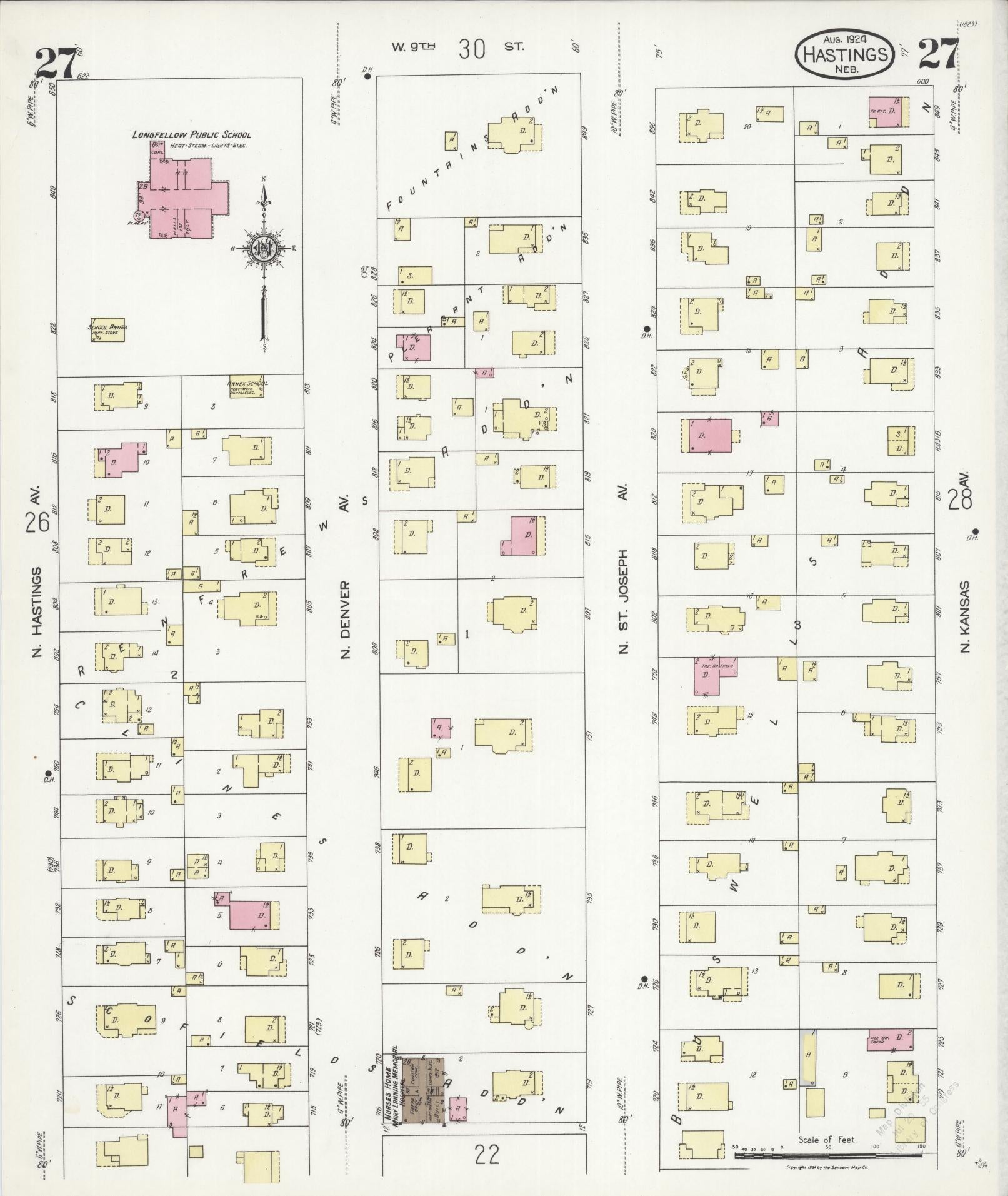 Sanborn Fire Insurance Map from Hastings, Adams County, Nebraska (1924), Sheet #0027 - Complete Map Set gallery image, historic Sanborn map, vintage wall art, Nebraska Nebraska