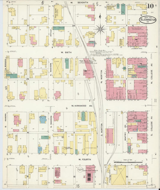 Sanborn Fire Insurance Map from Bloomington, Monroe County, Indiana (1907), Sheet #0010 - Historic Sanborn Fire Insurance Map Print, vintage old map wall art, antique decor, genealogy gift, Indiana Indiana map
