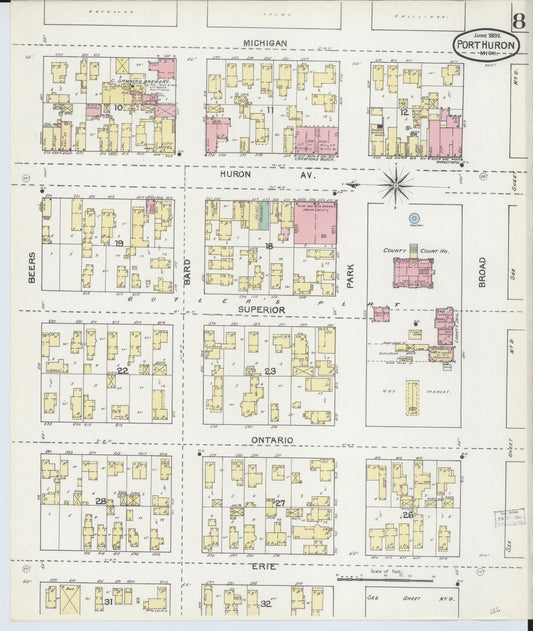 Sanborn Fire Insurance Map from Port Huron, Saint Clair County, Michigan (1892), Sheet #0008 - Historic Sanborn Fire Insurance Map Print, vintage old map wall art, antique decor, genealogy gift, Michigan Michigan map