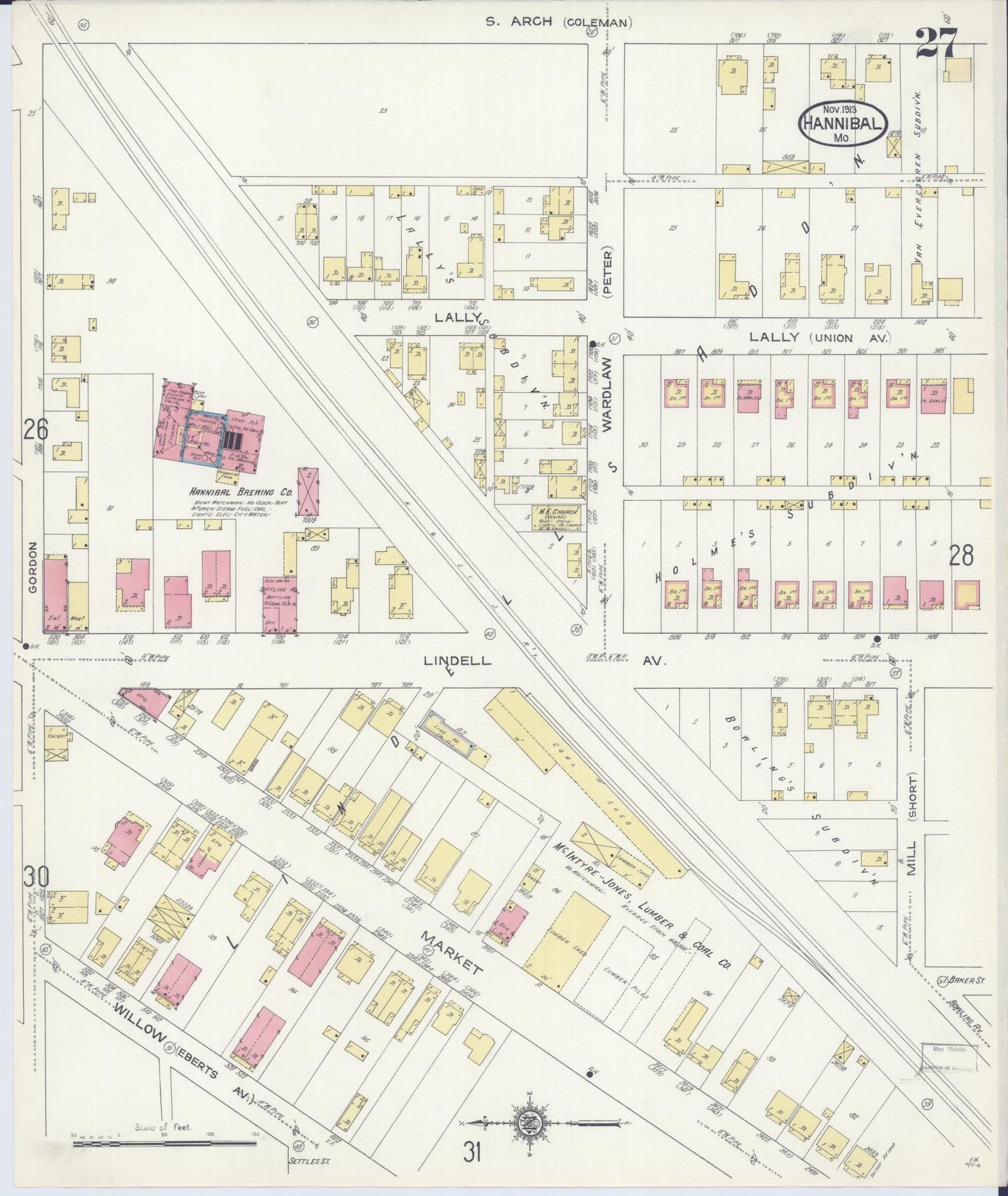 Sanborn Fire Insurance Map from Hannibal, Marion County, Missouri (1913), Sheet #0027 - Complete Map Set gallery image, historic Sanborn map, vintage wall art, Missouri Missouri