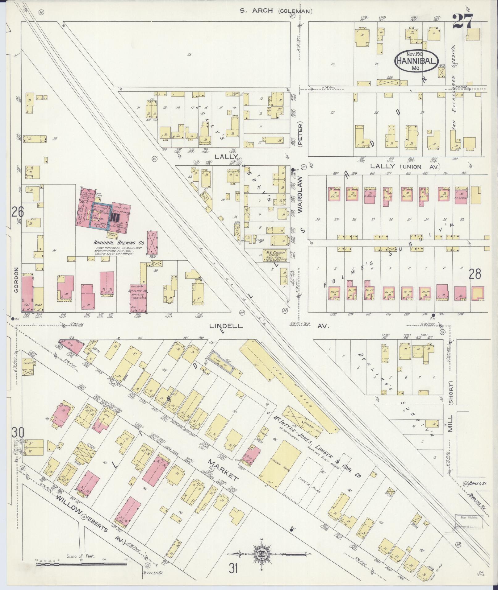 Sanborn Fire Insurance Map from Hannibal, Marion County, Missouri (1913), Sheet #0027 - Complete Map Set gallery image, historic Sanborn map, vintage wall art, Missouri Missouri