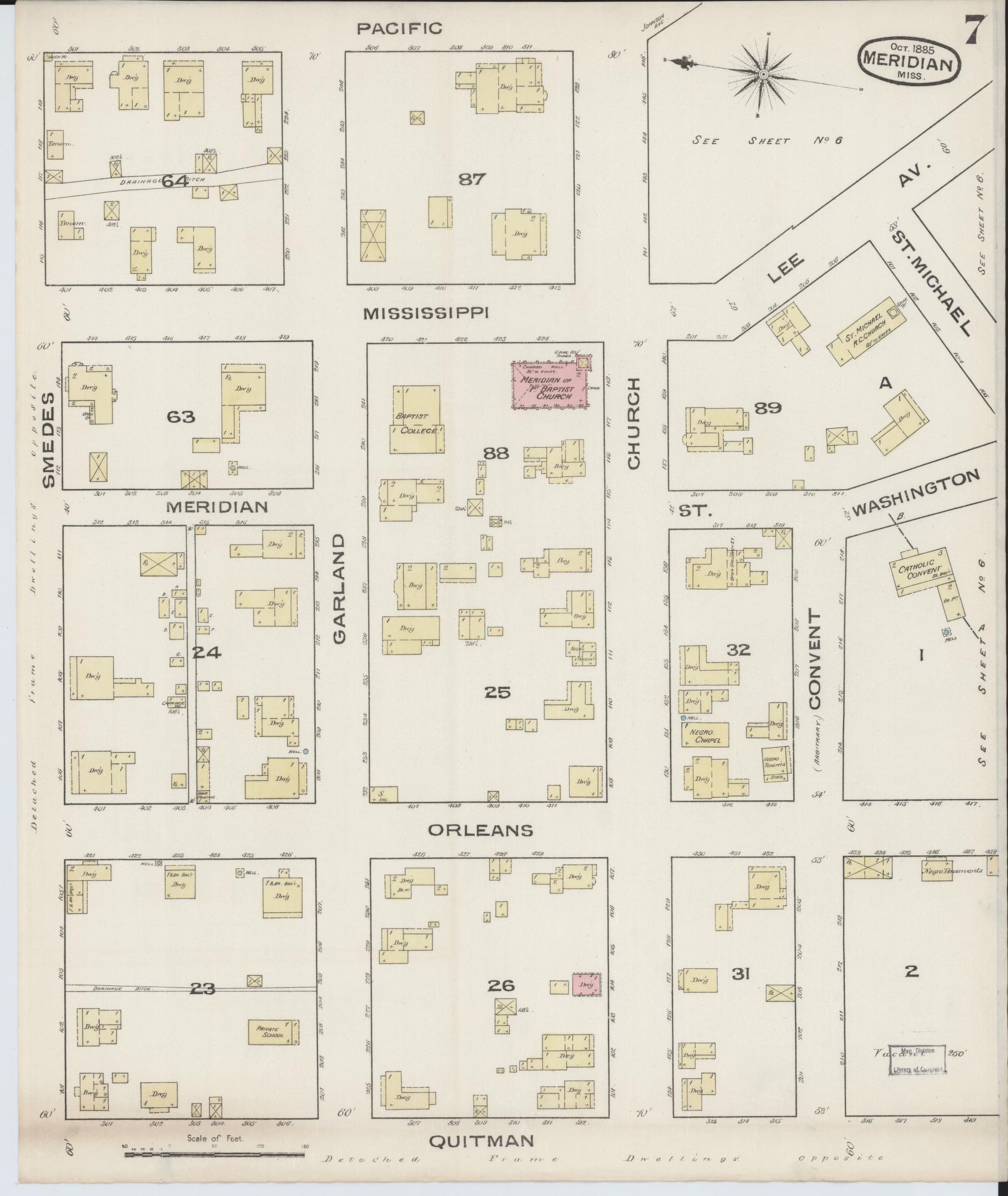 Sanborn Fire Insurance Map from Meridian, Lauderdale County, Mississippi (1885), Sheet #0007 - Historic Sanborn Fire Insurance Map Print, vintage old map wall art, antique decor, genealogy gift, Mississippi Mississippi map