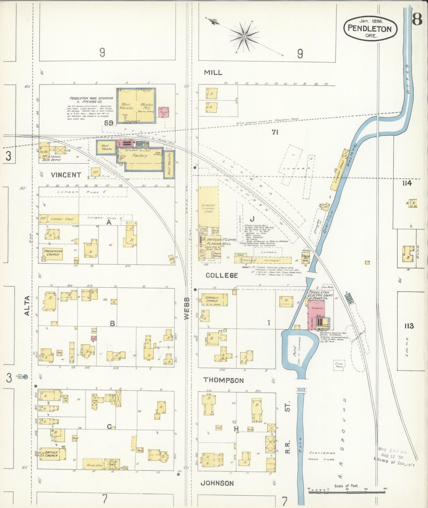 Sanborn Fire Insurance Map from Pendleton, Umatilla County, Oregon (1896), Sheet #0008 - Historic Sanborn Fire Insurance Map Print, vintage old map wall art, antique decor, genealogy gift, Oregon Oregon map